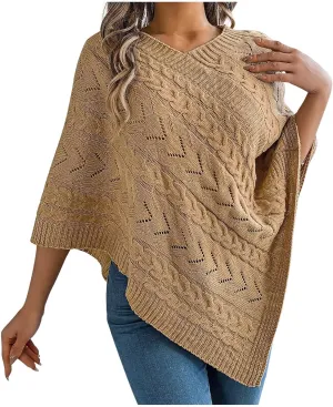 Poncho Knitted Cape Shawl Wrap Cardigan for Women Elegant Wrap V Neck Cable Knit Hollow Out Pullover Sweater Jumper Top