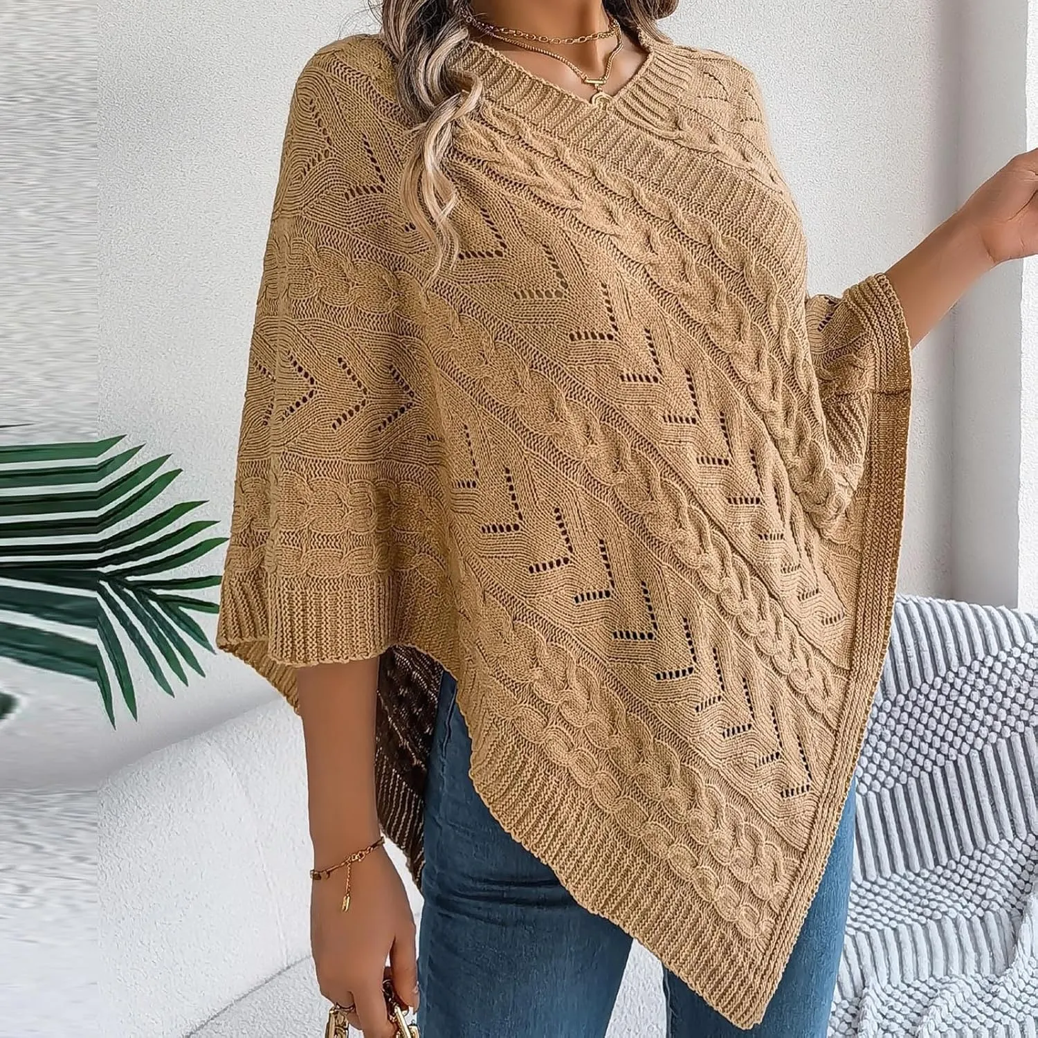 Poncho Knitted Cape Shawl Wrap Cardigan for Women Elegant Wrap V Neck Cable Knit Hollow Out Pullover Sweater Jumper Top