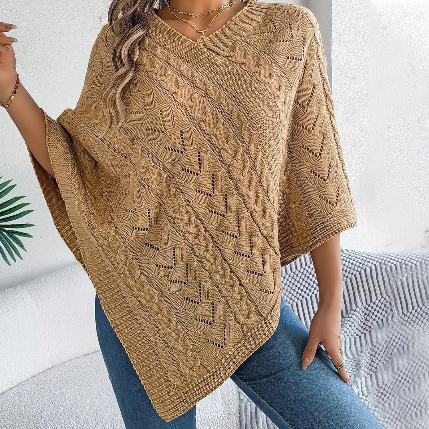 Poncho Knitted Cape Shawl Wrap Cardigan for Women Elegant Wrap V Neck Cable Knit Hollow Out Pullover Sweater Jumper Top