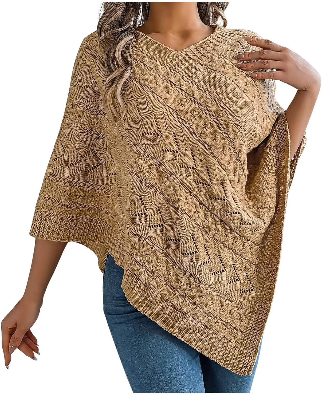 Poncho Knitted Cape Shawl Wrap Cardigan for Women Elegant Wrap V Neck Cable Knit Hollow Out Pullover Sweater Jumper Top