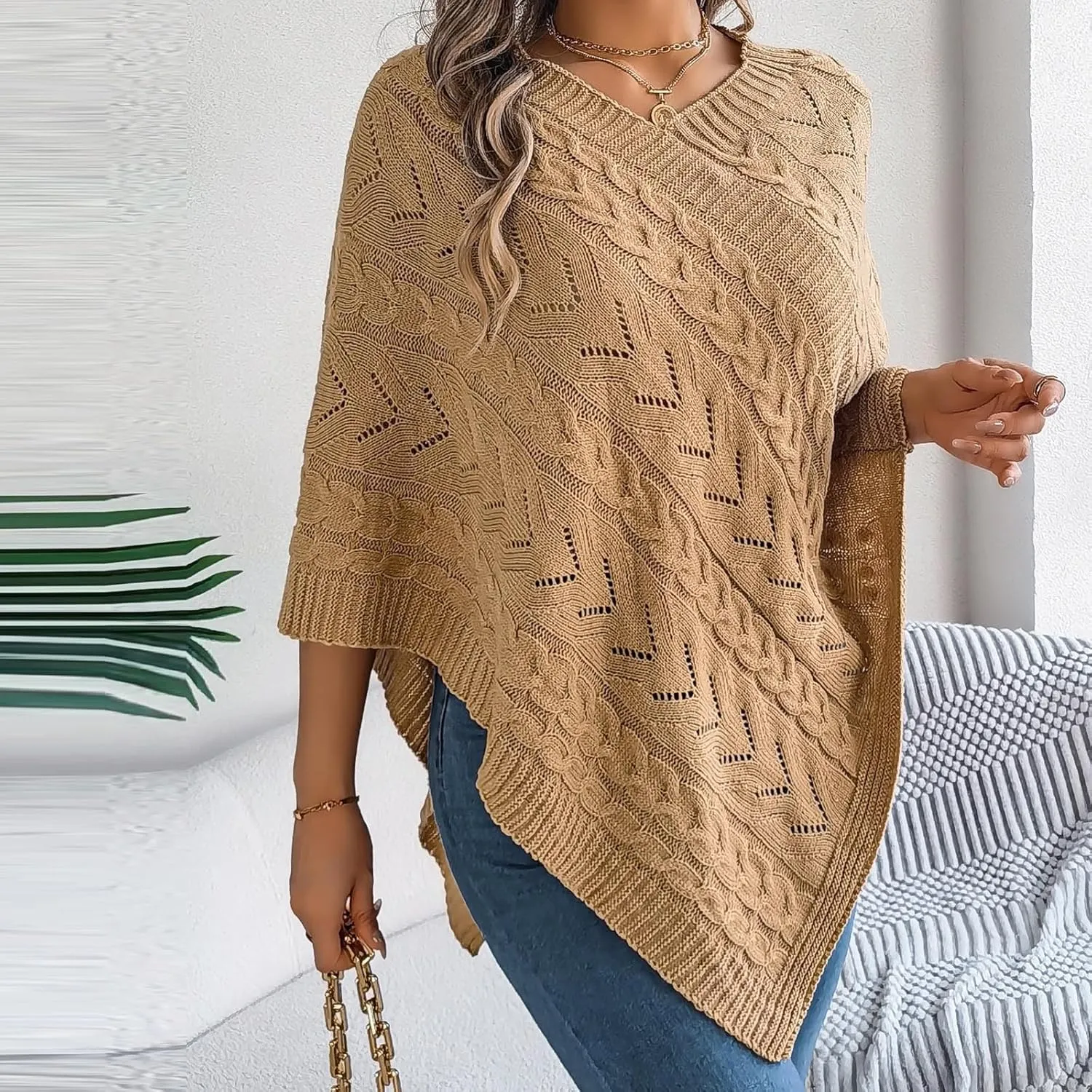 Poncho Knitted Cape Shawl Wrap Cardigan for Women Elegant Wrap V Neck Cable Knit Hollow Out Pullover Sweater Jumper Top