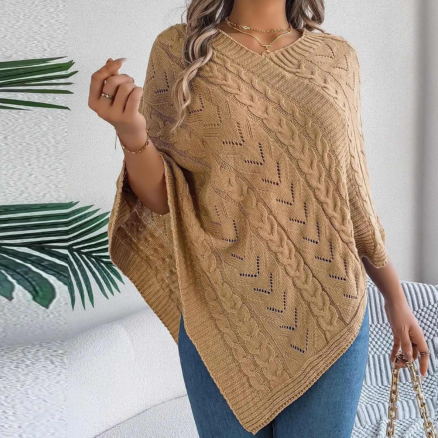 Poncho Knitted Cape Shawl Wrap Cardigan for Women Elegant Wrap V Neck Cable Knit Hollow Out Pullover Sweater Jumper Top