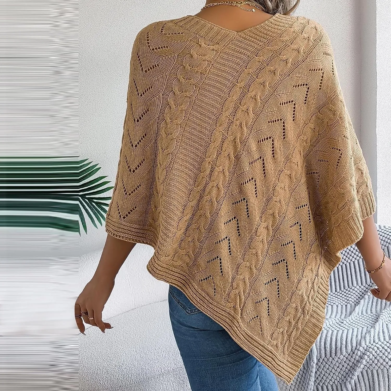 Poncho Knitted Cape Shawl Wrap Cardigan for Women Elegant Wrap V Neck Cable Knit Hollow Out Pullover Sweater Jumper Top