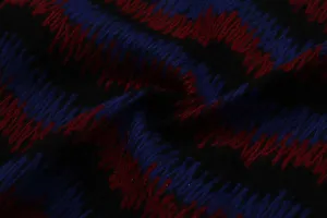 Precut of 2 Meters of Blue & Red Waves Embroidered Wool Fabric