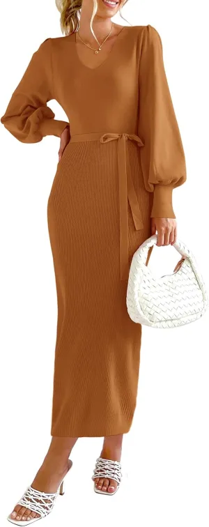 PRETTYGARDEN Women's Fall Knit Pullover Sweater Dress Elegant Long Lantern Sleeve V Neck Winter Maxi Bodycon Dresses