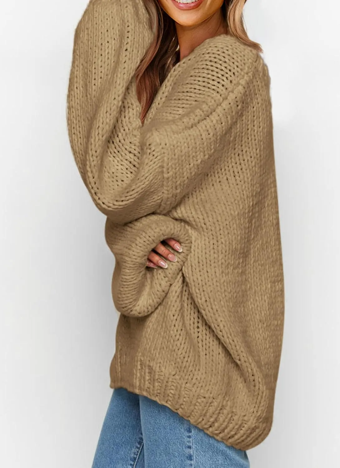 PRETTYGARDEN Womens Fall Sweaters Chunky Loose Long Sleeve V Neck Oversized Dressy Casual Knit Pullover Tops