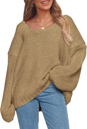 PRETTYGARDEN Womens Fall Sweaters Chunky Loose Long Sleeve V Neck Oversized Dressy Casual Knit Pullover Tops