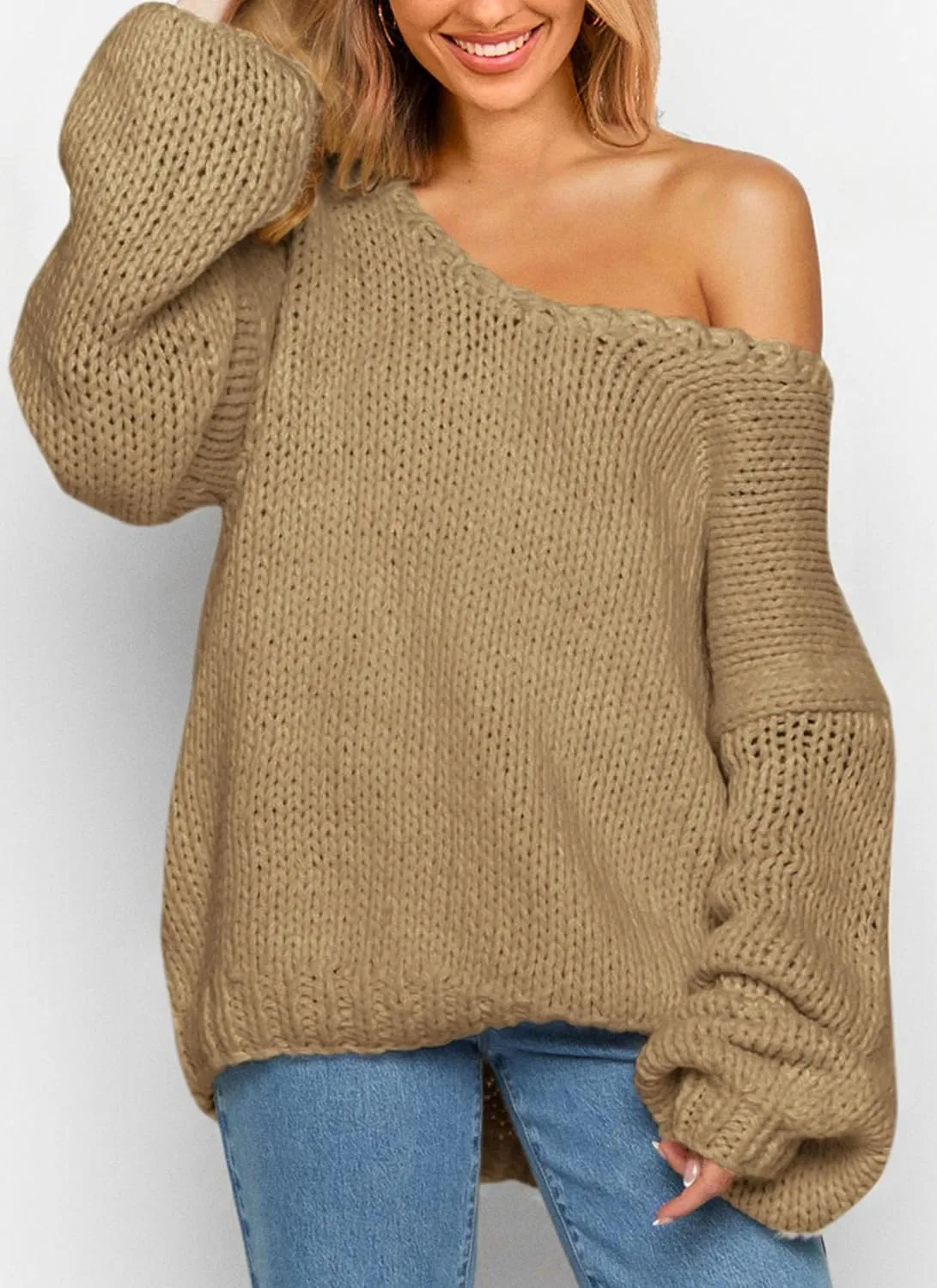 PRETTYGARDEN Womens Fall Sweaters Chunky Loose Long Sleeve V Neck Oversized Dressy Casual Knit Pullover Tops