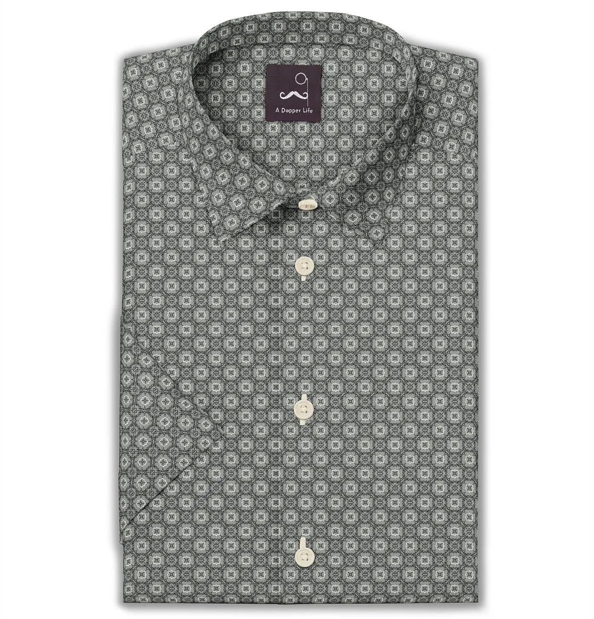 Pure Cotton - Semi-Spread Collar - Short Sleeve - Light Gray Floral Maze