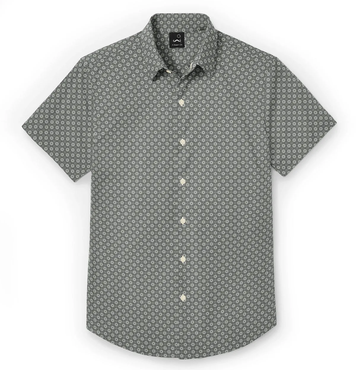 Pure Cotton - Semi-Spread Collar - Short Sleeve - Light Gray Floral Maze