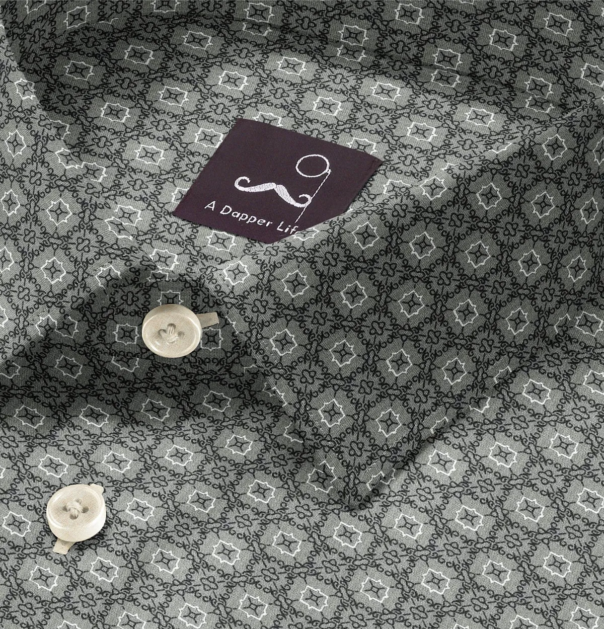 Pure Cotton - Semi-Spread Collar - Short Sleeve - Light Gray Floral Maze