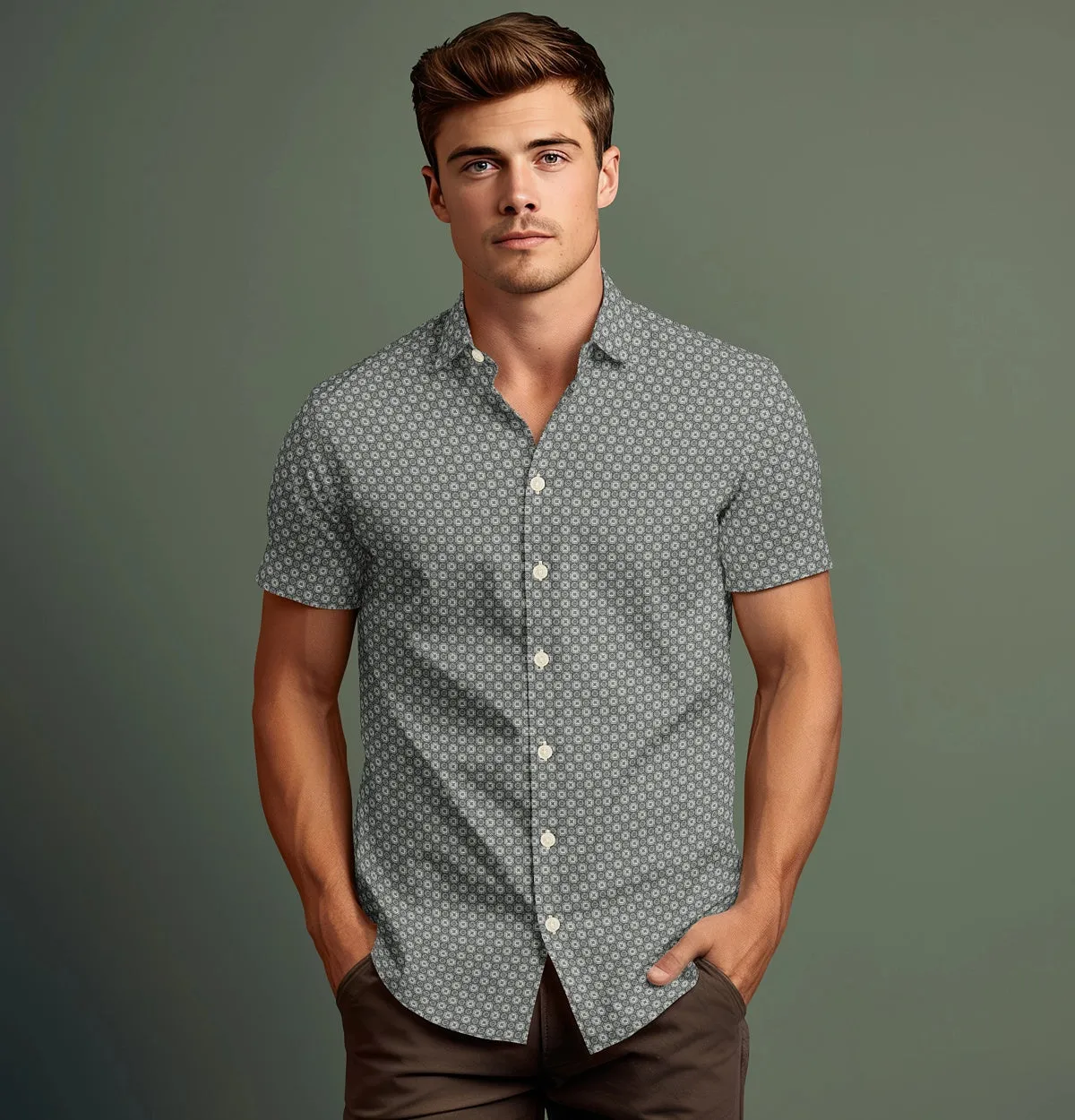 Pure Cotton - Semi-Spread Collar - Short Sleeve - Light Gray Floral Maze