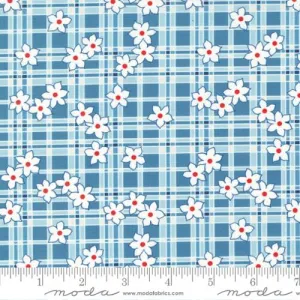 "Sweet Melodies"-Plaid Daisy Checks and Plaids Floral Feedsack Light Blue by American Jane for Moda