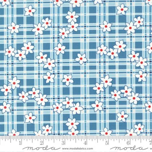 "Sweet Melodies"-Plaid Daisy Checks and Plaids Floral Feedsack Light Blue by American Jane for Moda