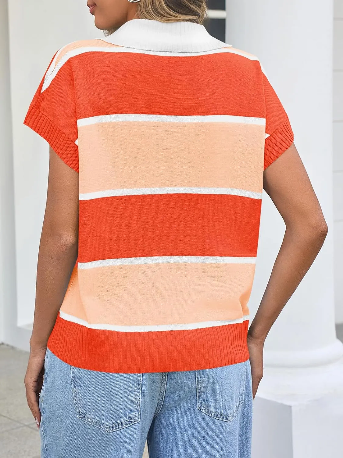Saodimallsu Womens Striped Short Sleeve Sweater V Neck Button Down Color Block Loose Knit Pullover Tops