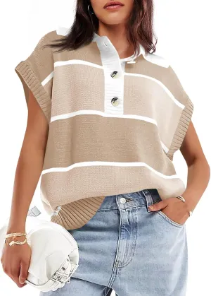 Saodimallsu Womens Striped Short Sleeve Sweater V Neck Button Down Color Block Loose Knit Pullover Tops
