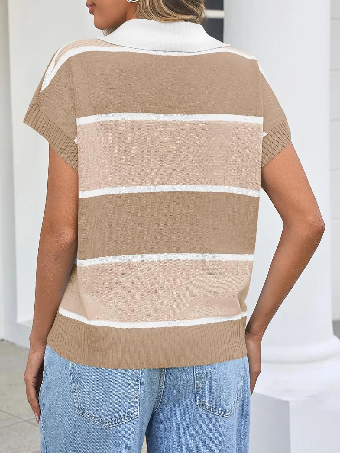 Saodimallsu Womens Striped Short Sleeve Sweater V Neck Button Down Color Block Loose Knit Pullover Tops