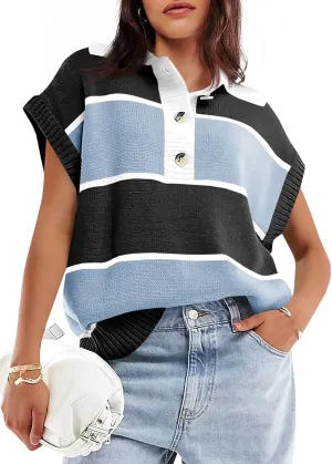 Saodimallsu Womens Striped Short Sleeve Sweater V Neck Button Down Color Block Loose Knit Pullover Tops
