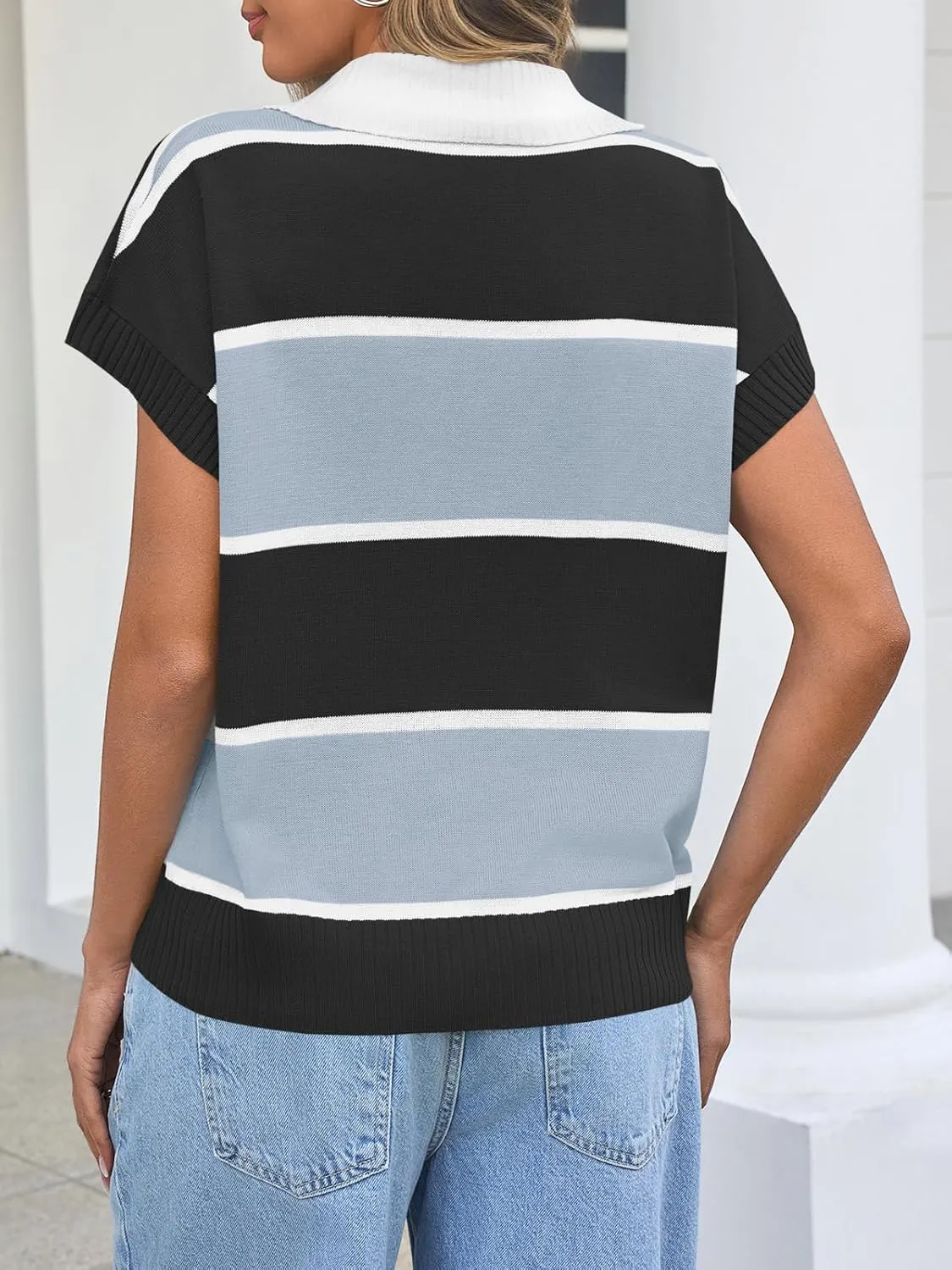 Saodimallsu Womens Striped Short Sleeve Sweater V Neck Button Down Color Block Loose Knit Pullover Tops