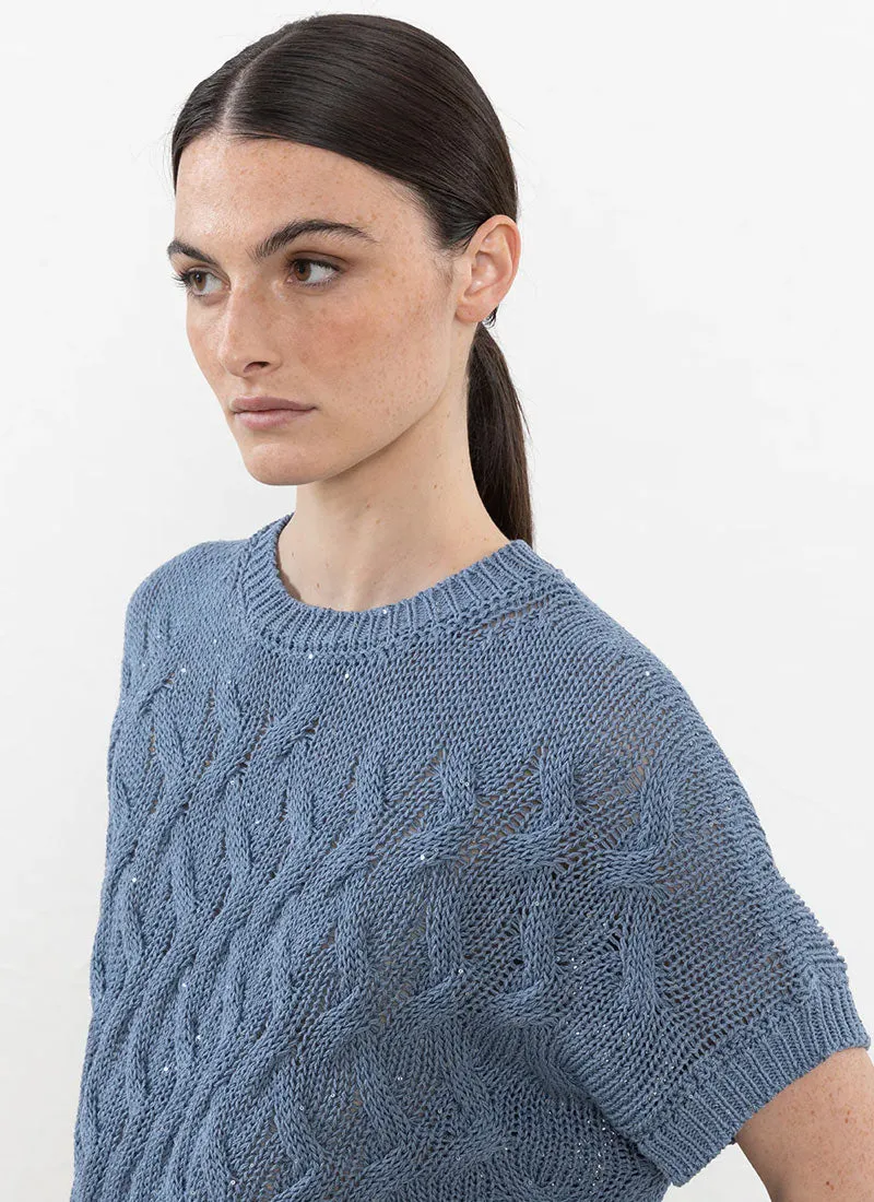 Short-Sleeve Cotton Sweater with Sequins