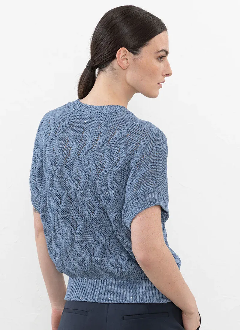 Short-Sleeve Cotton Sweater with Sequins