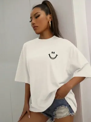 Smiley face oversized cotton graphic tee for the ladies