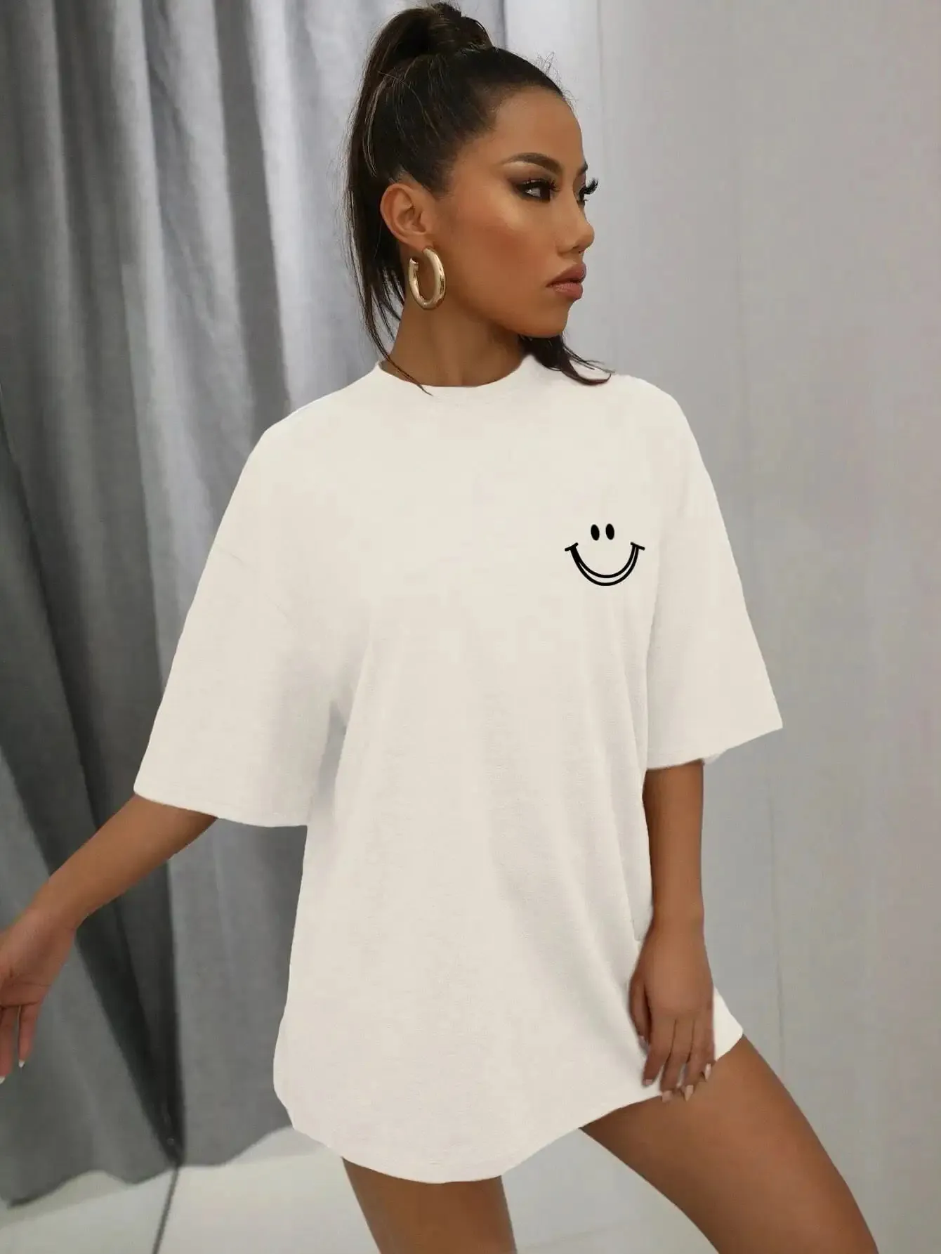 Smiley face oversized cotton graphic tee for the ladies
