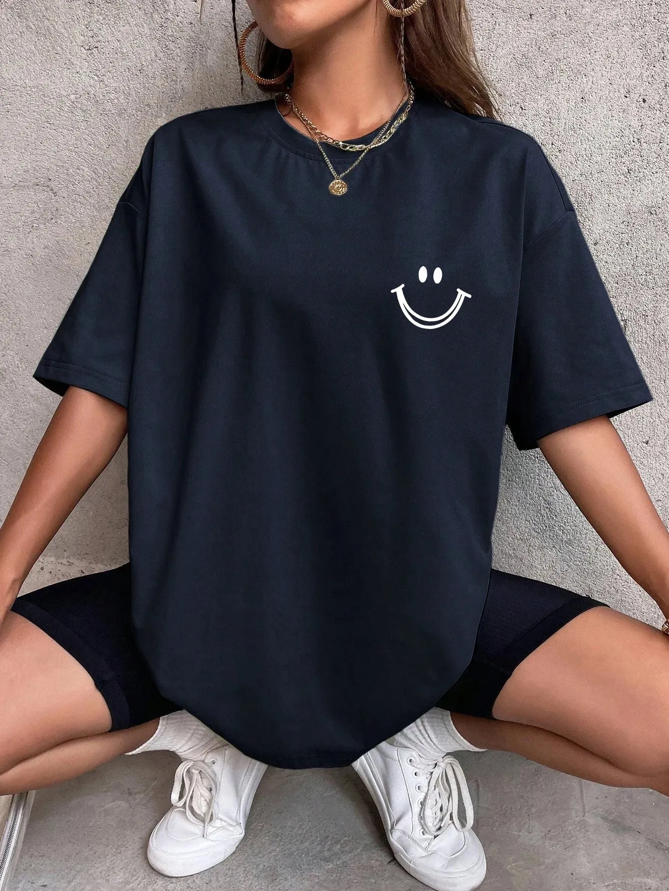Smiley face oversized cotton graphic tee for the ladies
