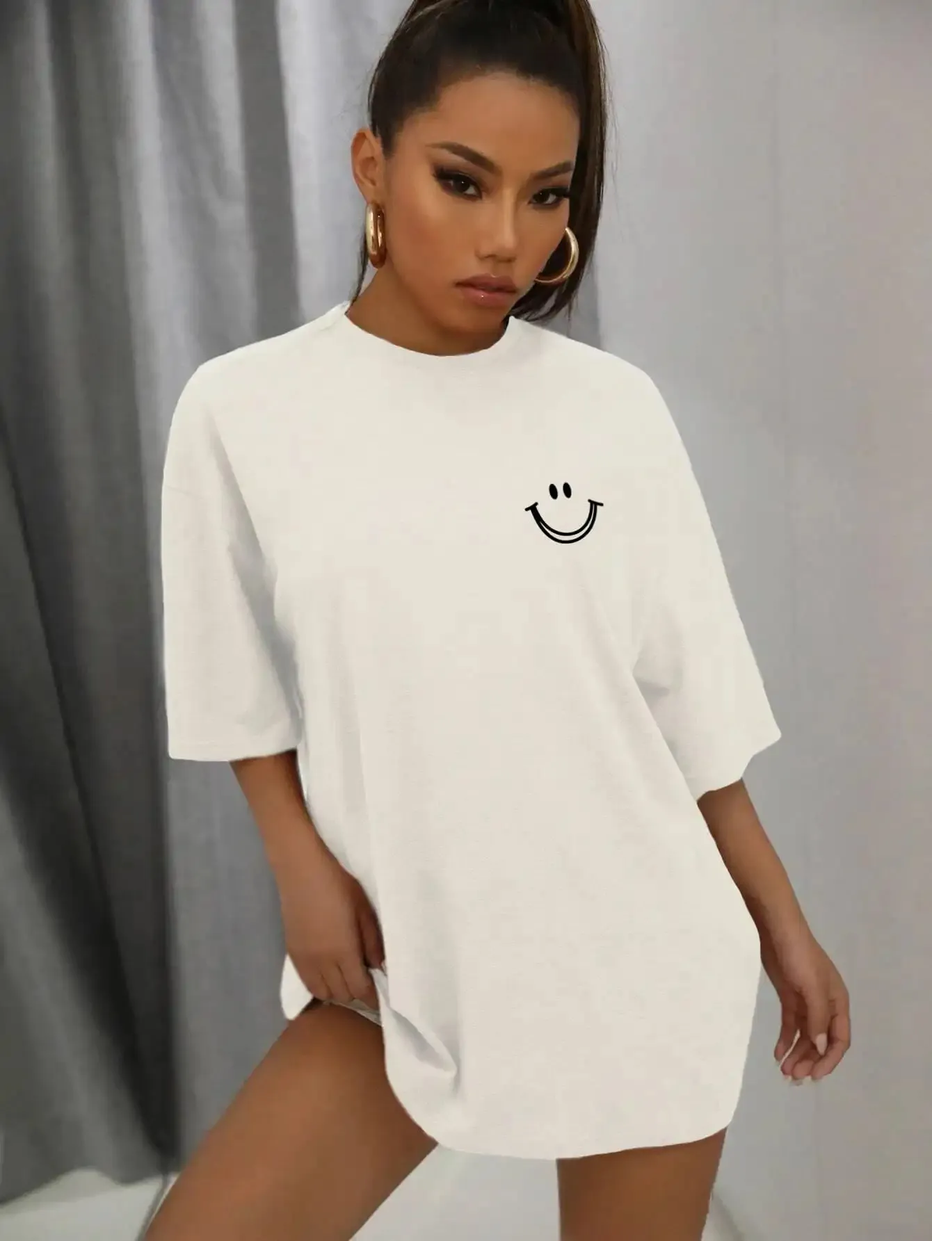 Smiley face oversized cotton graphic tee for the ladies