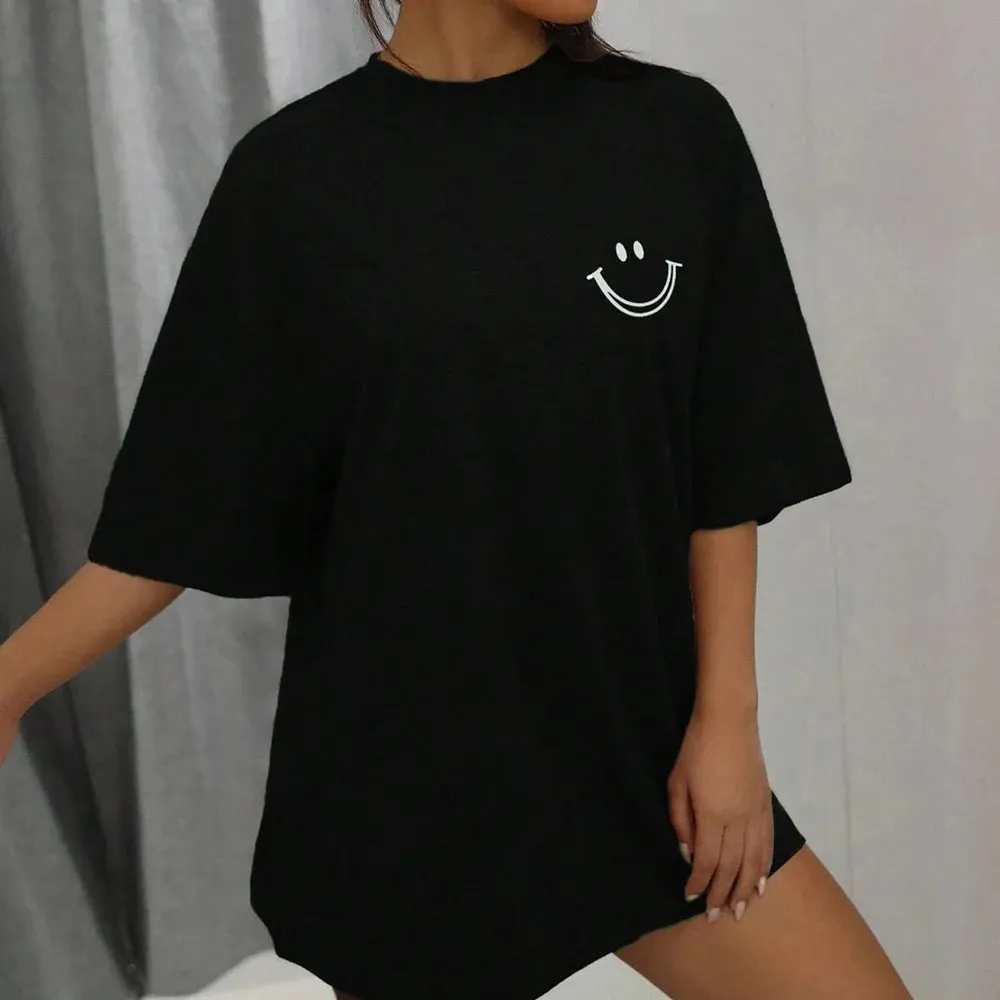 Smiley face oversized cotton graphic tee for the ladies