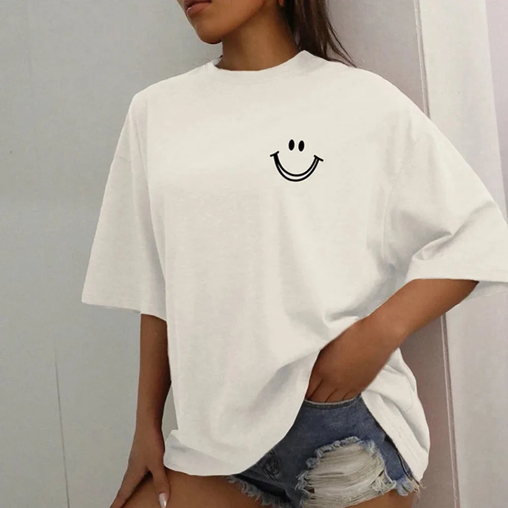 Smiley face oversized cotton graphic tee for the ladies