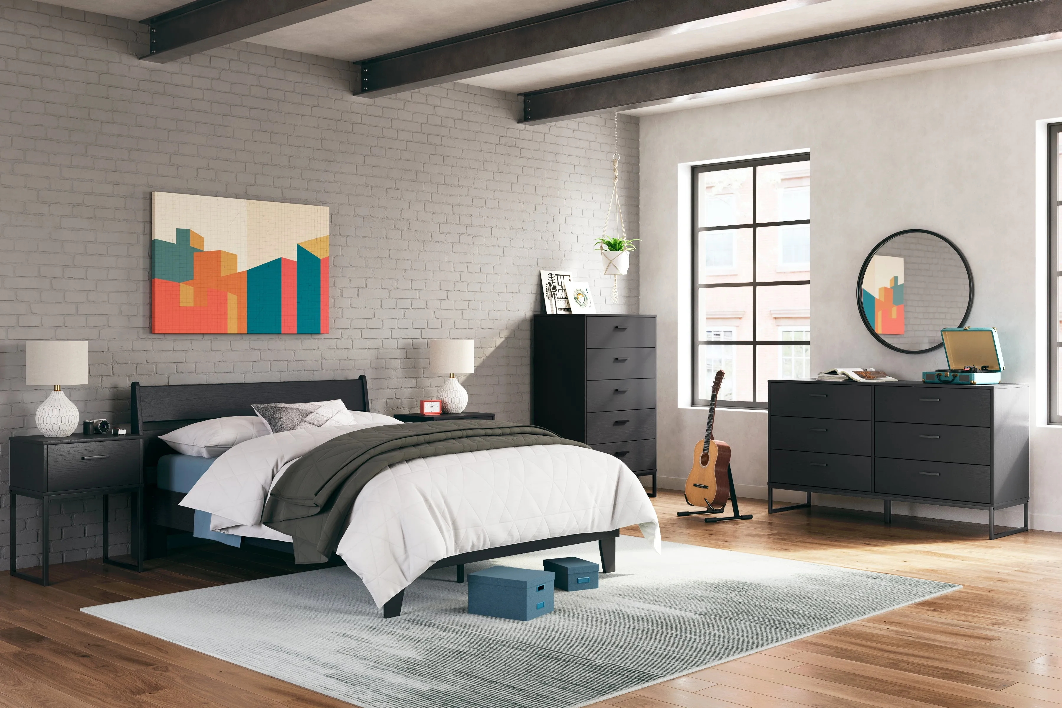 Socalle Full Panel Platform Bed with Dresser and Chest in Black