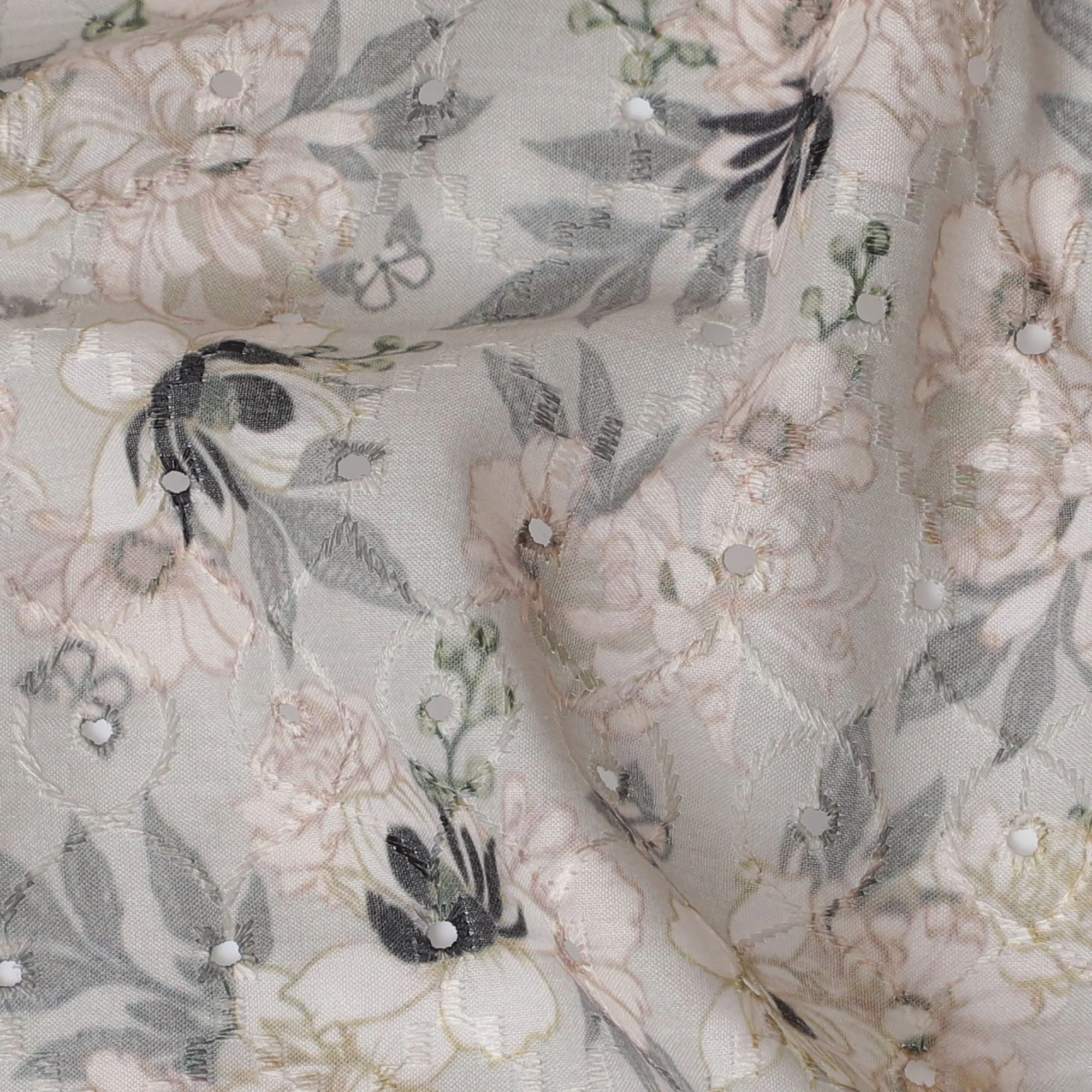 Soft White Floral Embroidered Cotton Lawn Fabric - 110 cm Width, India-D19944