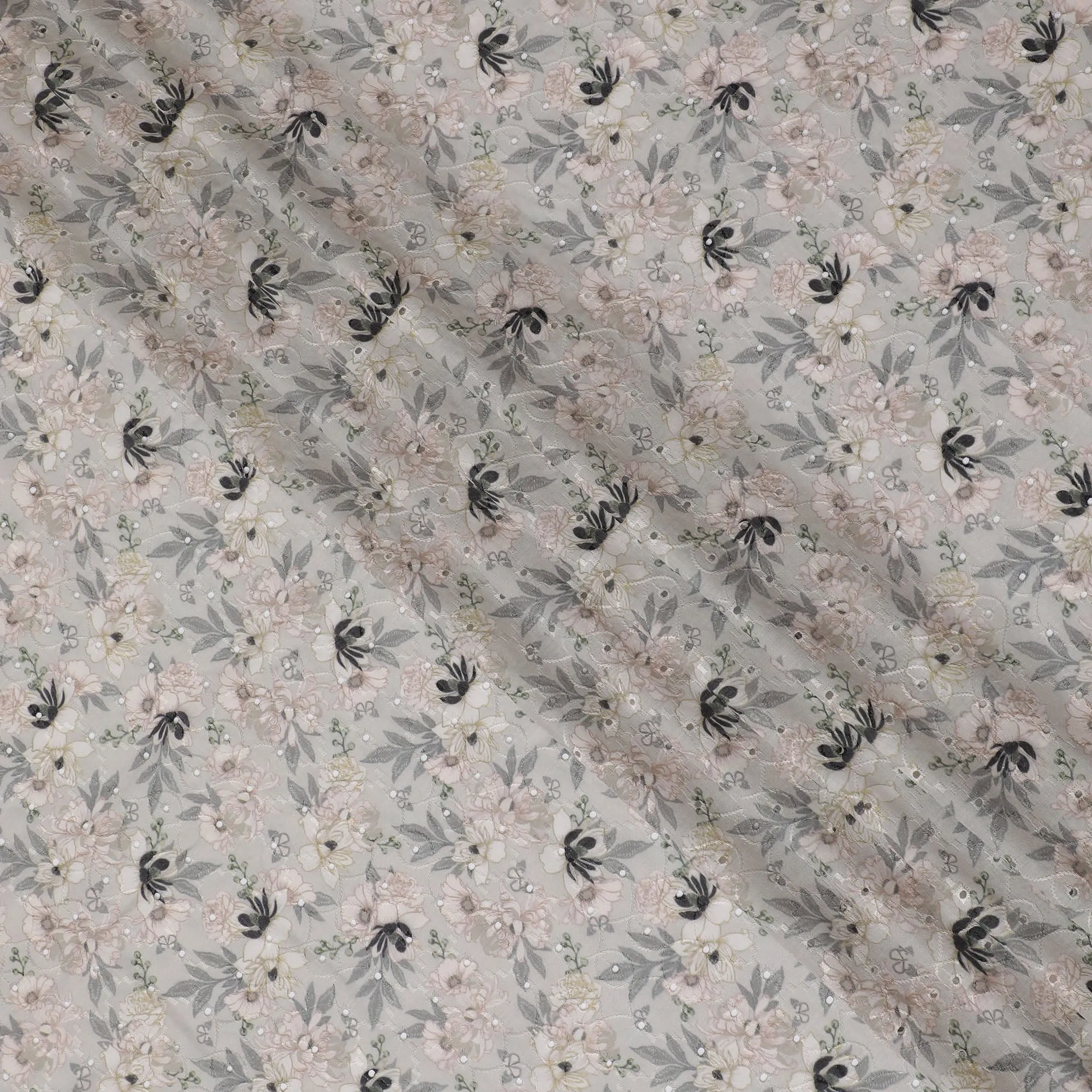 Soft White Floral Embroidered Cotton Lawn Fabric - 110 cm Width, India-D19944