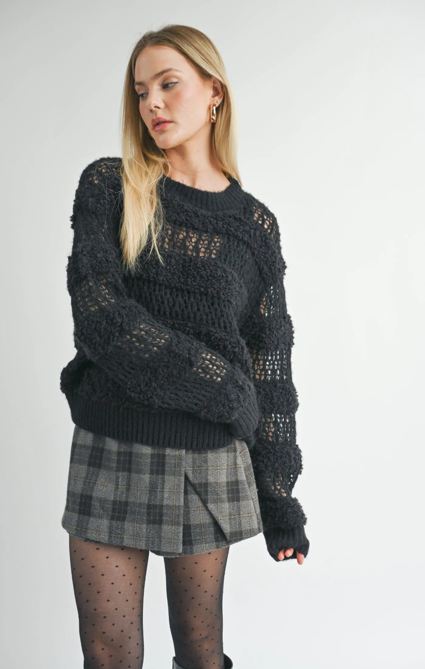 Steph Fuzzy Striped Sweater | Black | Recycled