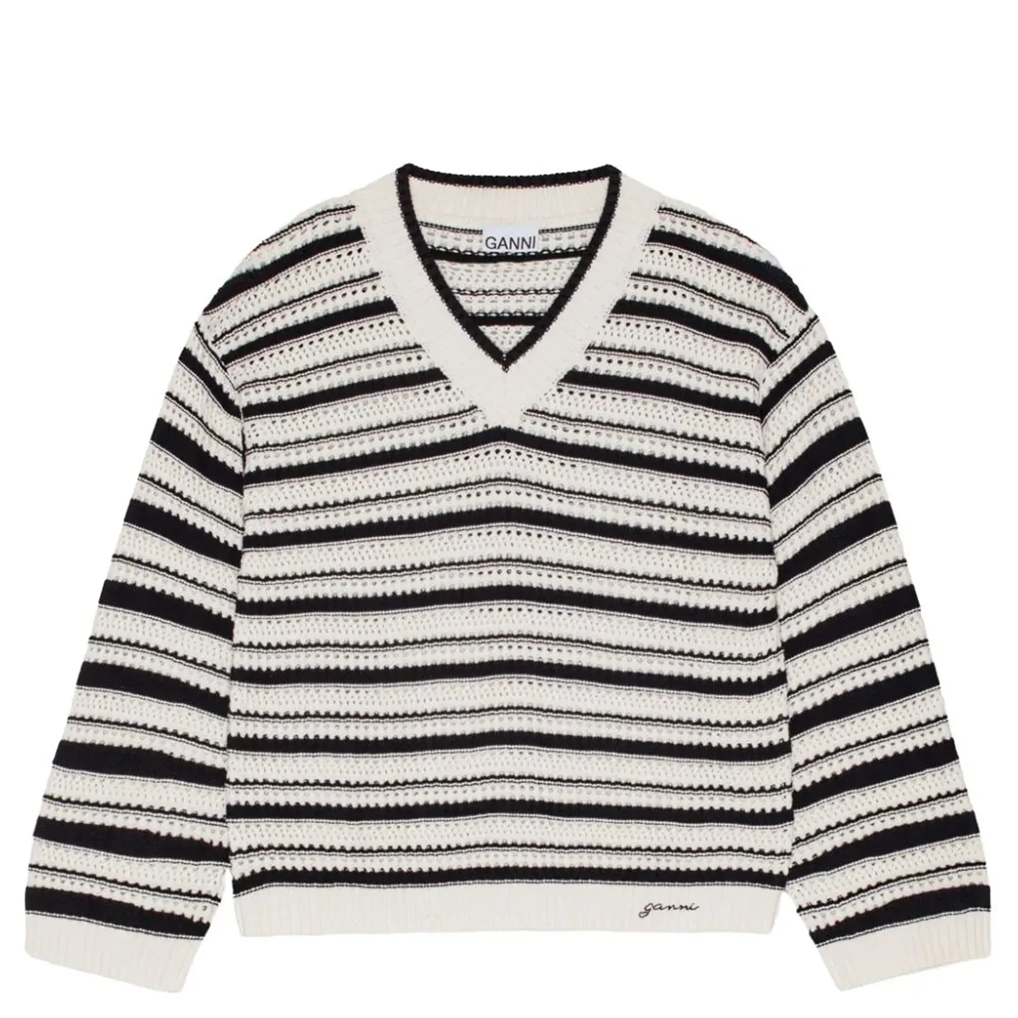 Striped Cotton Pointelle V-Neck Sweater