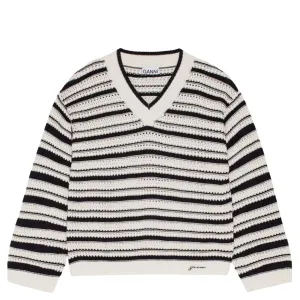 Striped Cotton Pointelle V-Neck Sweater