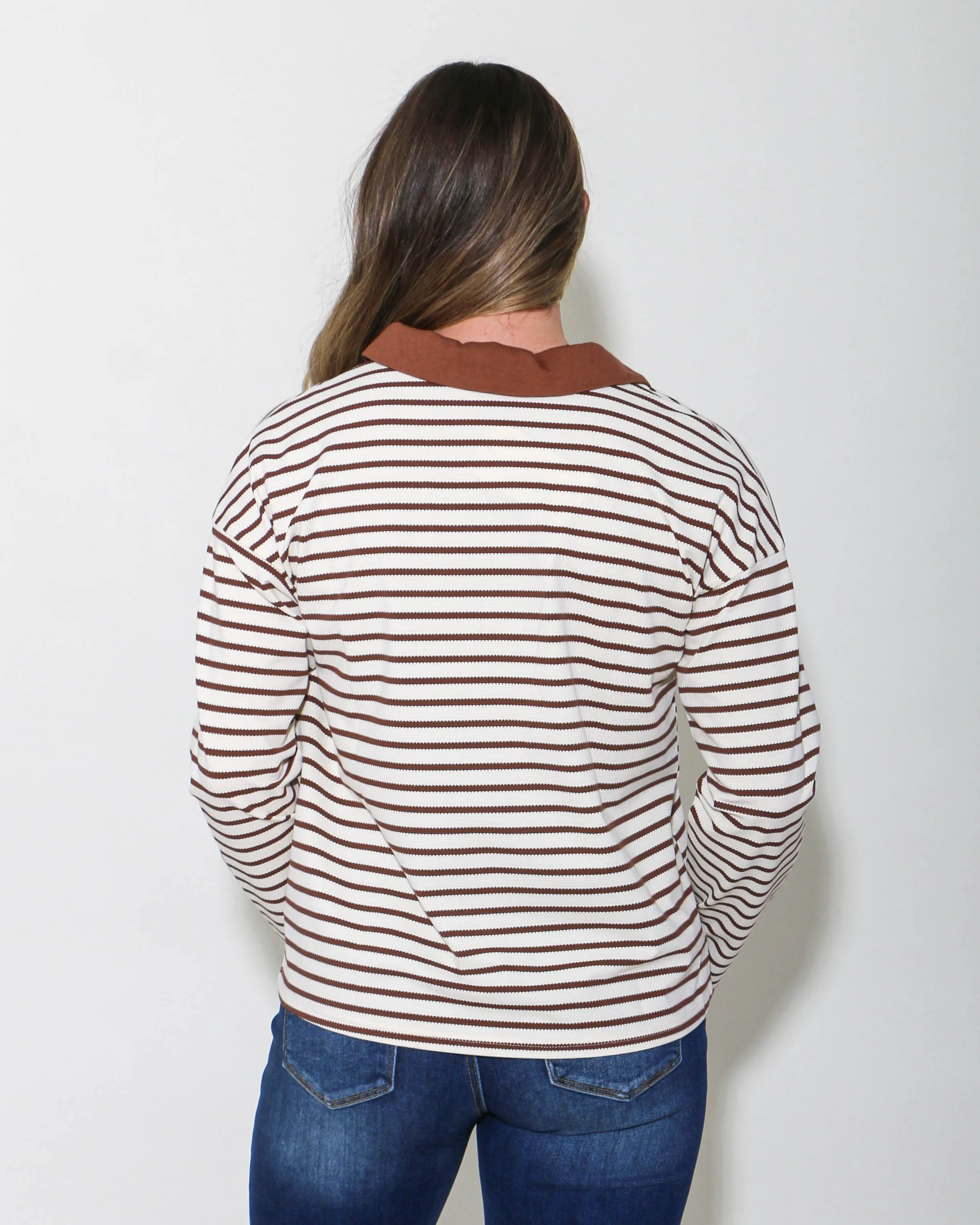 Striped Open Collared Neck Top in Chocolate