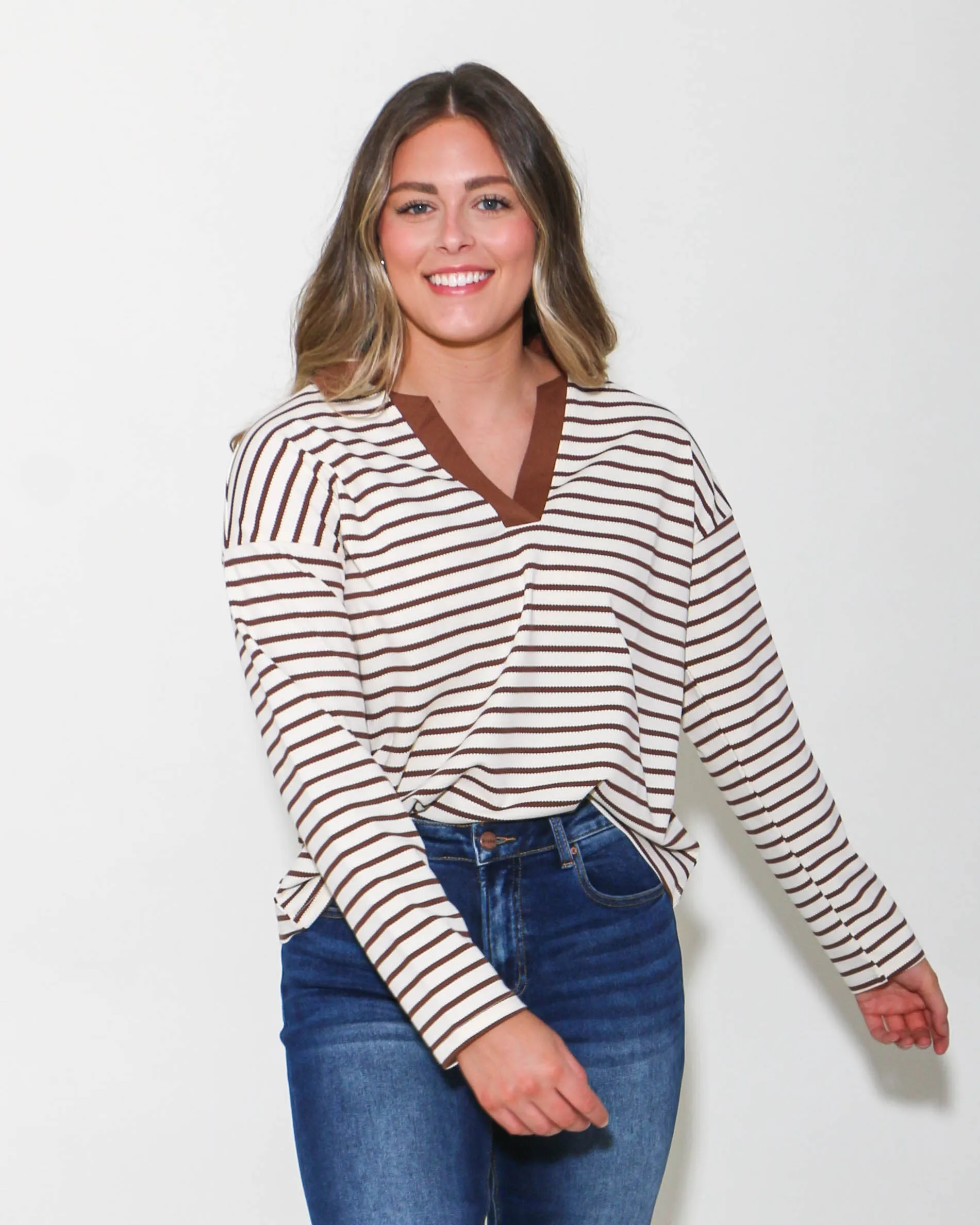Striped Open Collared Neck Top in Chocolate