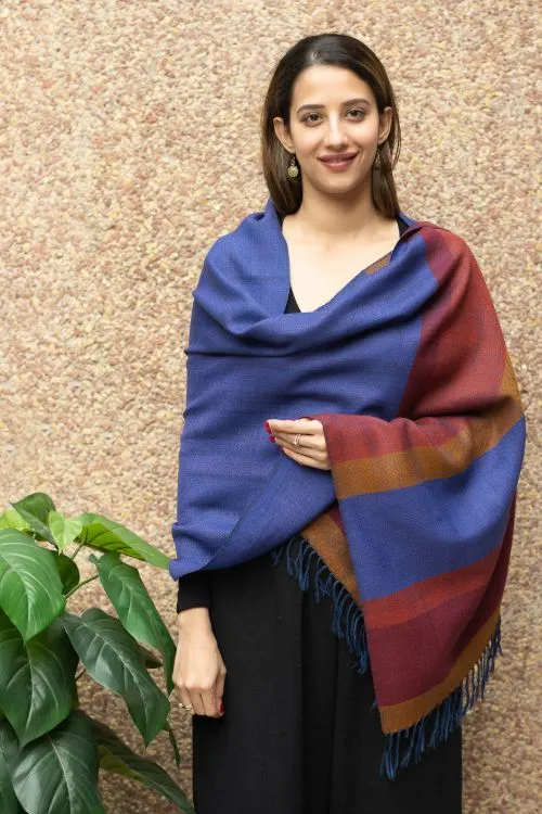TICH Fine, Soft Himachal Wool Striped Stole - Blue & Red