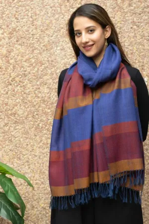 TICH Fine, Soft Himachal Wool Striped Stole - Blue & Red