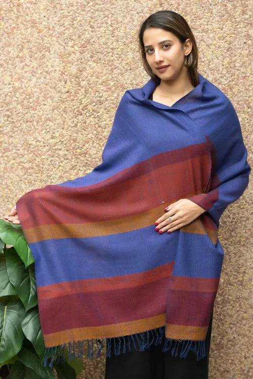 TICH Fine, Soft Himachal Wool Striped Stole - Blue & Red
