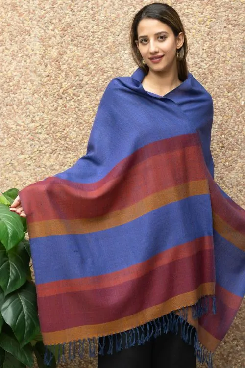 TICH Fine, Soft Himachal Wool Striped Stole - Blue & Red