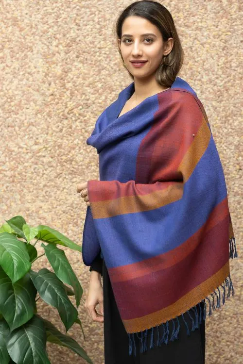 TICH Fine, Soft Himachal Wool Striped Stole - Blue & Red
