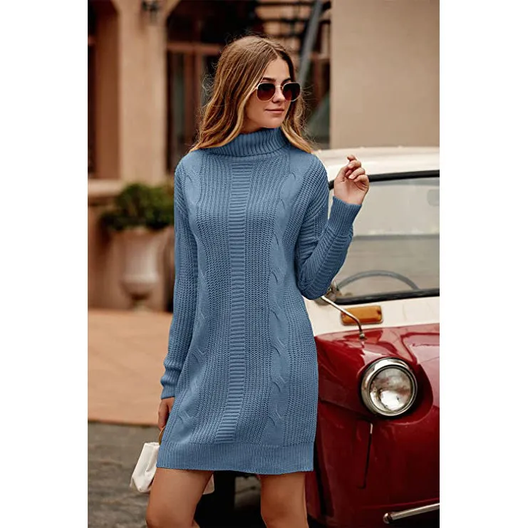 Turtleneck Pullover Sweaters Casual Long Sleeve Plain Winter Knit Sweater Dress