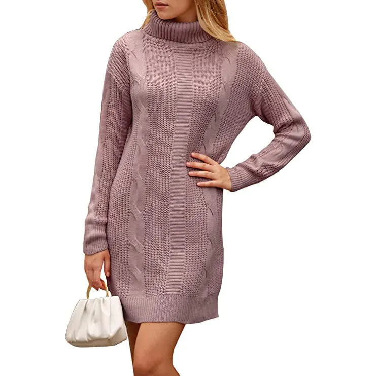 Turtleneck Pullover Sweaters Casual Long Sleeve Plain Winter Knit Sweater Dress