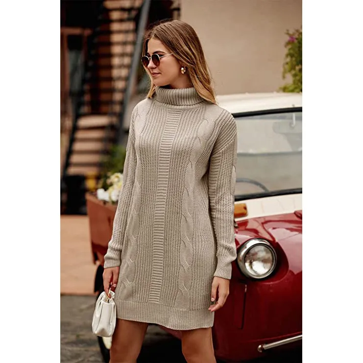 Turtleneck Pullover Sweaters Casual Long Sleeve Plain Winter Knit Sweater Dress