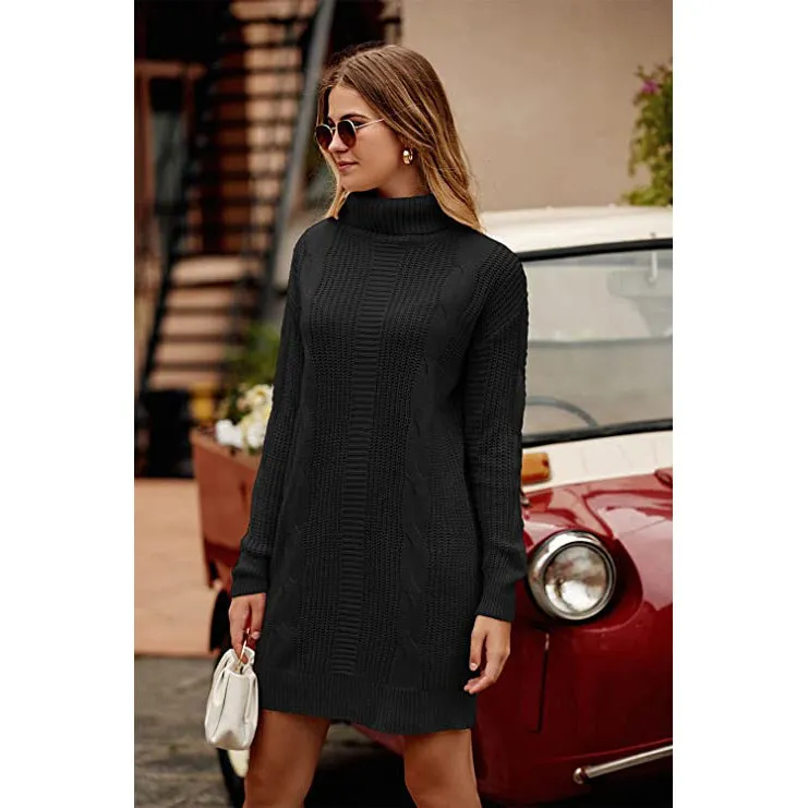 Turtleneck Pullover Sweaters Casual Long Sleeve Plain Winter Knit Sweater Dress