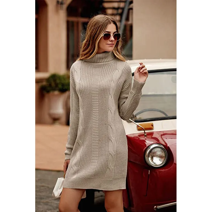 Turtleneck Pullover Sweaters Casual Long Sleeve Plain Winter Knit Sweater Dress