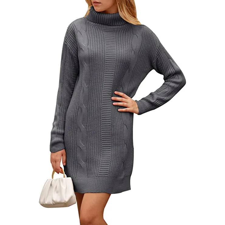 Turtleneck Pullover Sweaters Casual Long Sleeve Plain Winter Knit Sweater Dress